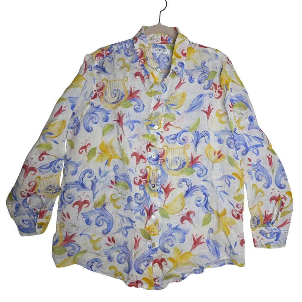Haris Cotton W's Medium 100% Linen Long Sleeve Button Up Shirt Seashell Button